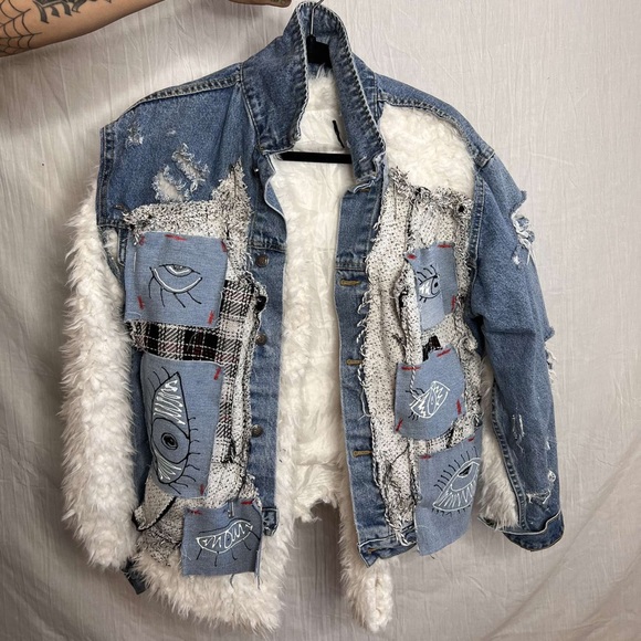 Custom Upcycled Reworked Fur Denim Jacket Size S - Picture 2 of 7